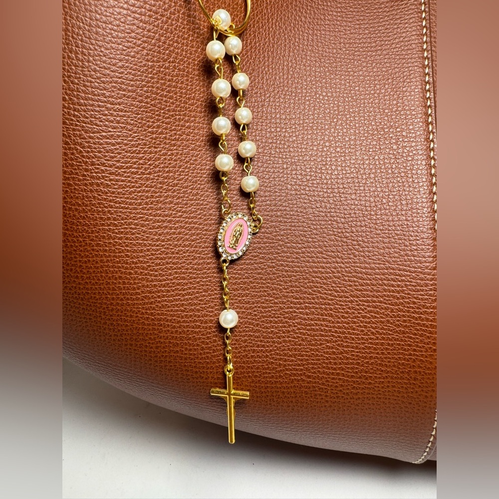 Pink & Gold Rosary Bag Charm/Keychain | Pearls, Crucifix & Lady Guadalupe Accent - Picture 3 of 12